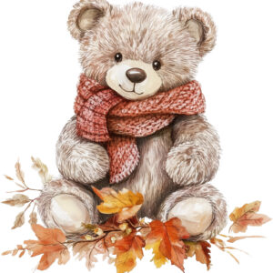 Transfert DTF - Étiquette de cou - Un ourson à l'automne - 2" X 2"