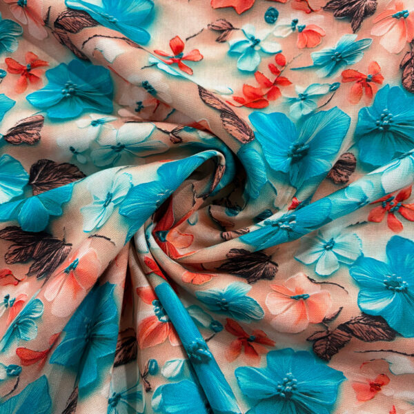 Sergé de viscose  Éclosion d'été corail et turquoise – Sable