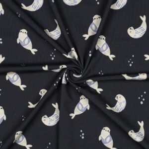 Jersey coton biologique Les petits phoques - Bleu minuit