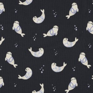 Jersey coton biologique Les petits phoques - Bleu minuit
