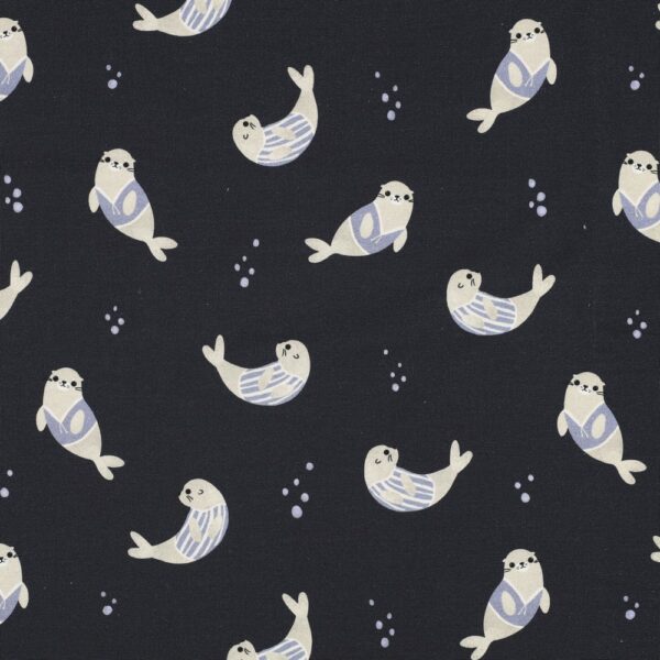 Jersey coton biologique Les petits phoques - Bleu minuit
