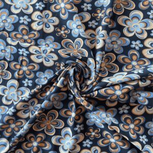Jersey Coton imprimé - Fleurs rétro - Bleu minuit