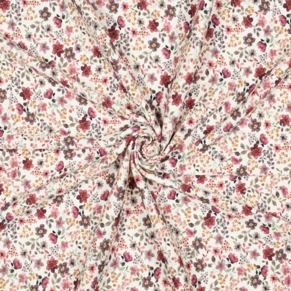 Jersey côtelé (Rib) Aquarelle florale vieux rose - Écru