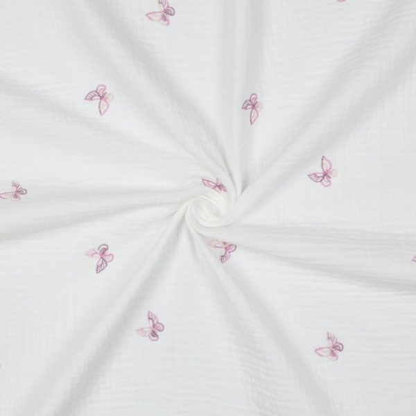 Mousseline de coton double gaze Papillons tendres - Blanc