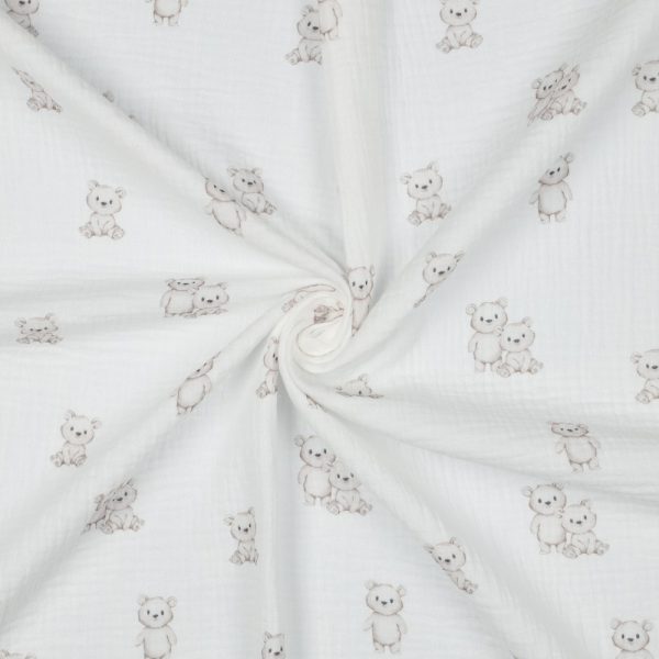 Mousseline de coton double gaze Oursons câlins - blanc
