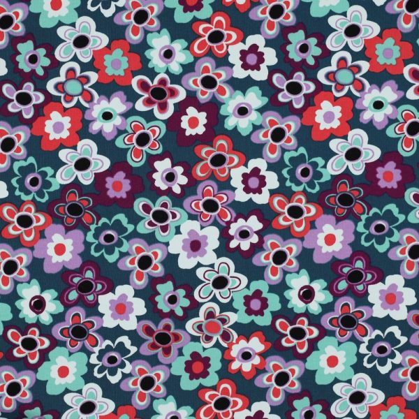 French Terry Fleurs Pop - Bleu pétrole fonçé