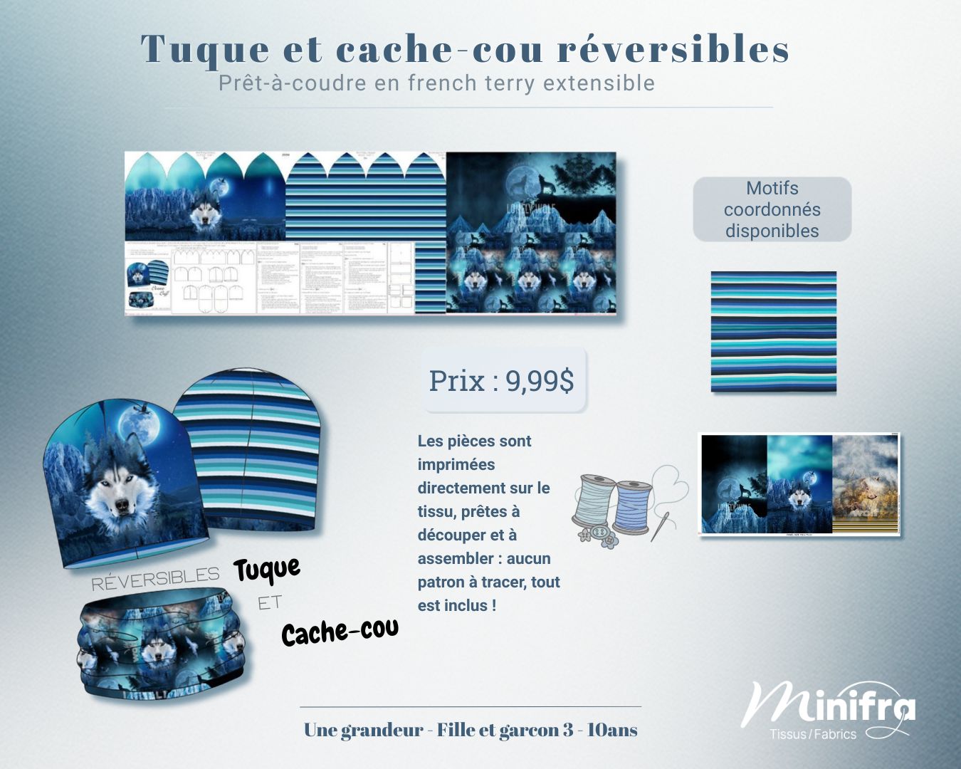 Panneau French Terry “Loup des neiges” – Tuque et cache-cou réversibles – Image 3