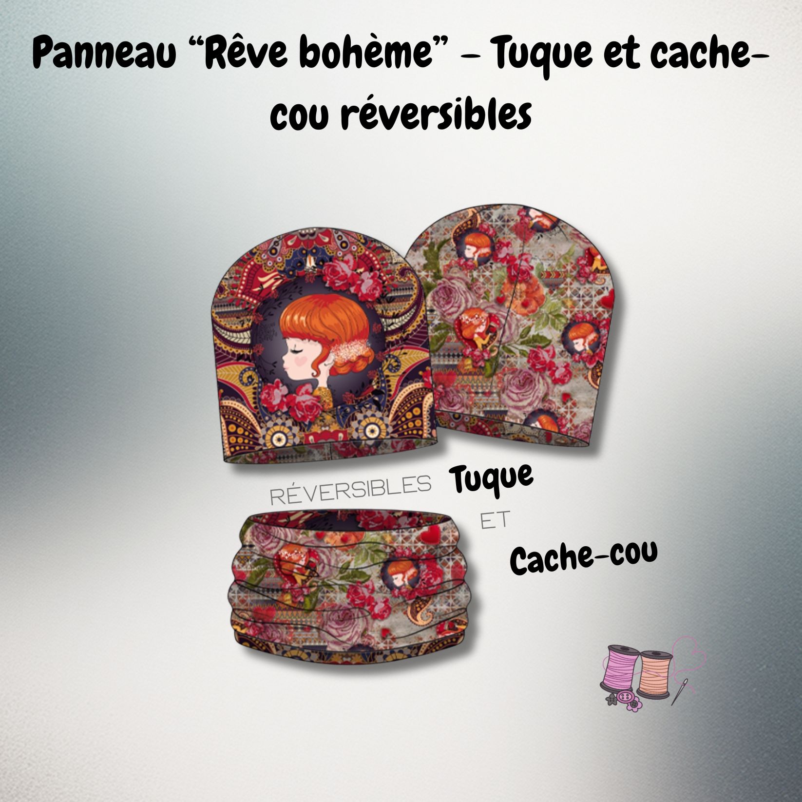 Panneau French Terry Rêve bohème – Tuque et cache-cou réversibles