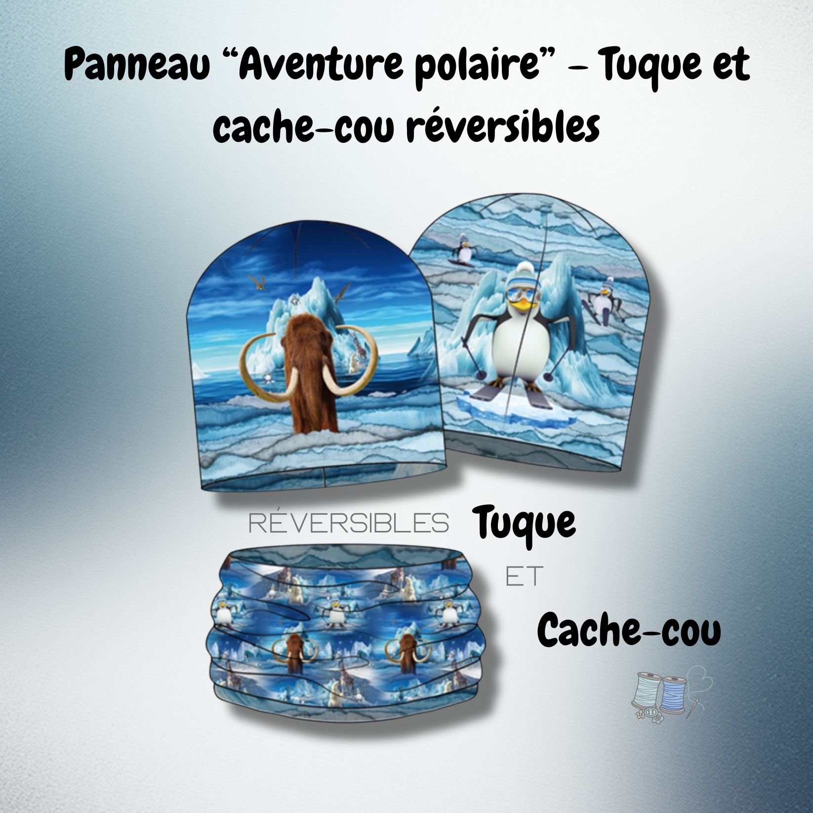 Panneau French Terry “Aventure polaire” – Tuque et cache-cou réversibles