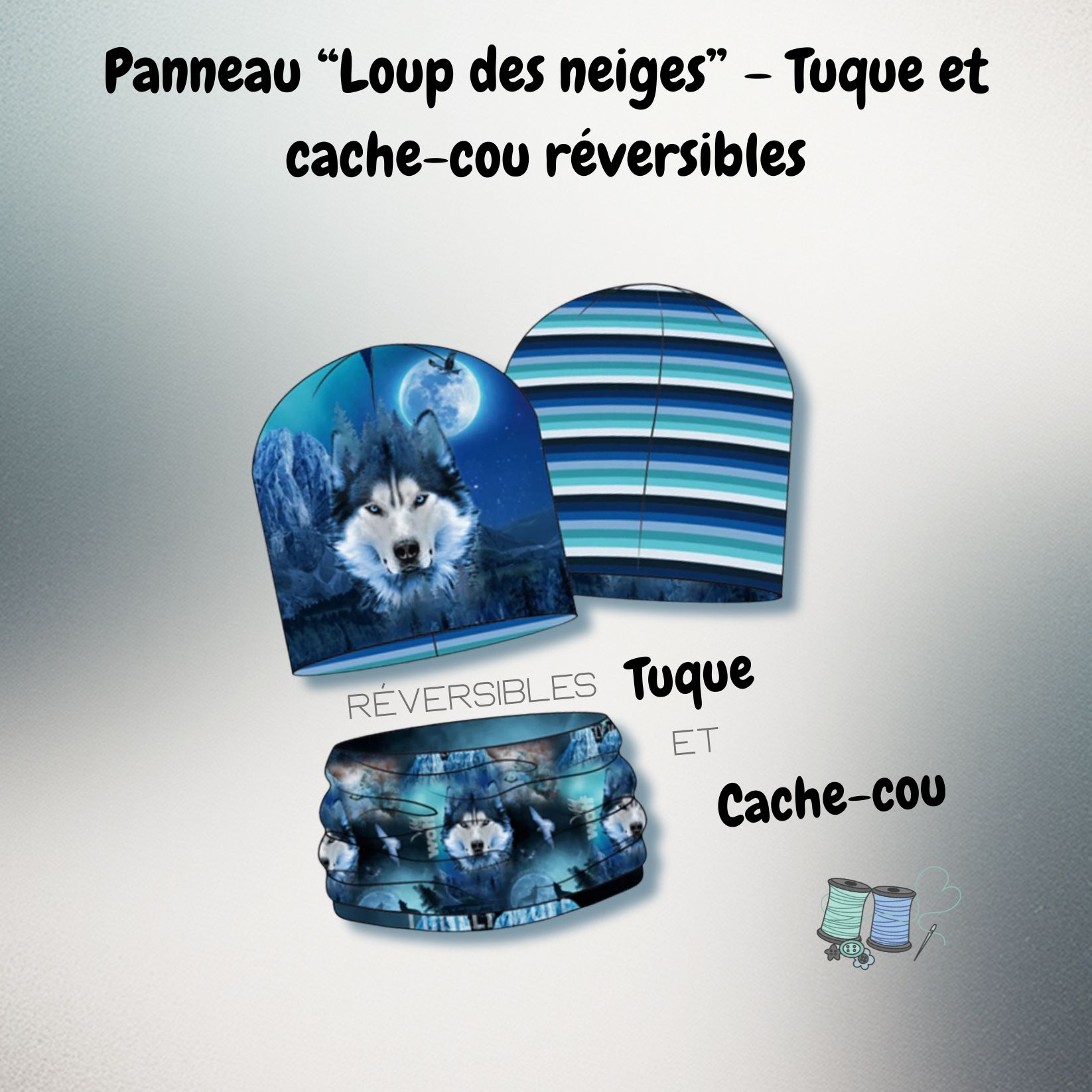 Panneau French Terry “Loup des neiges” – Tuque et cache-cou réversibles