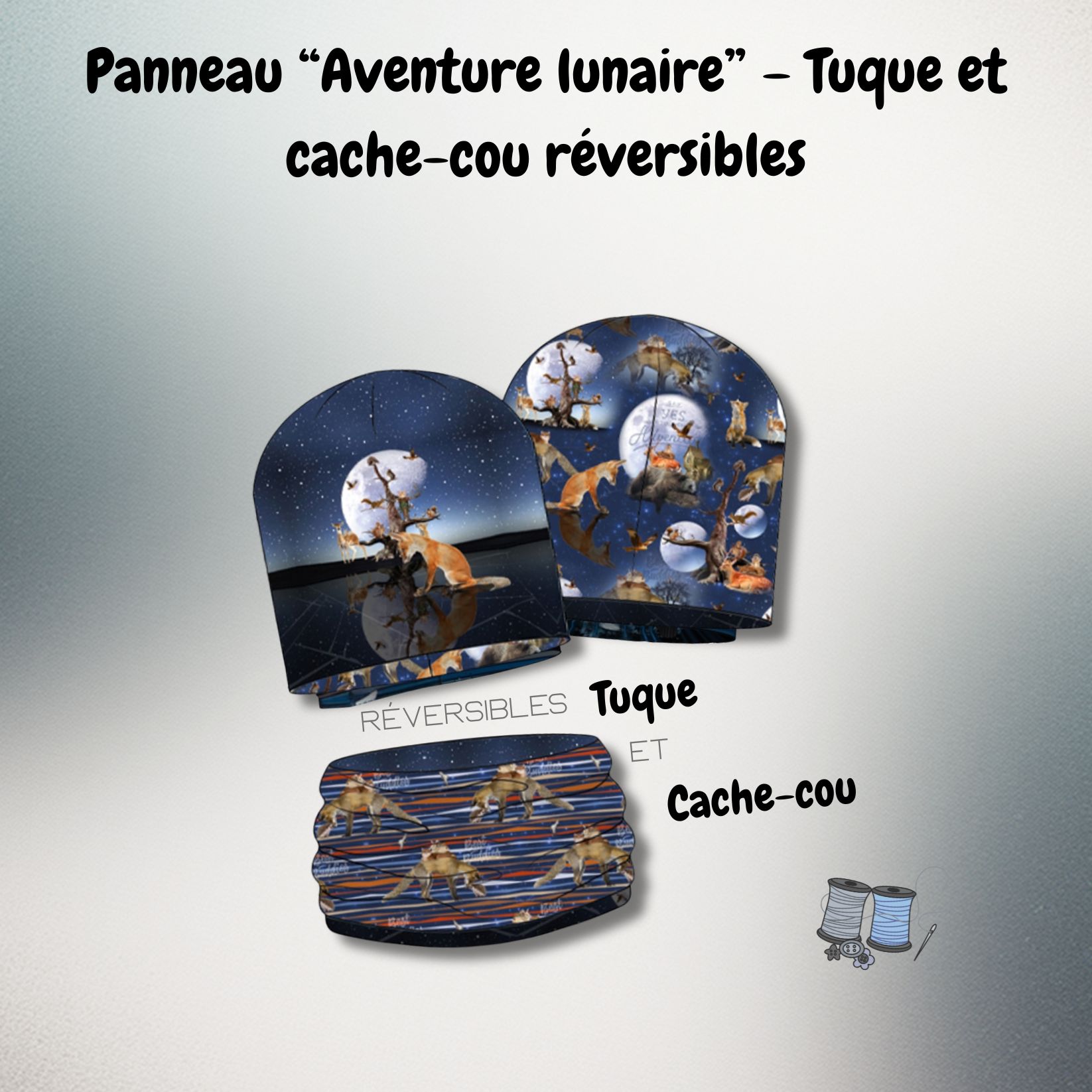 Panneau French Terry “Aventure lunaire” – Tuque et cache-cou réversibles