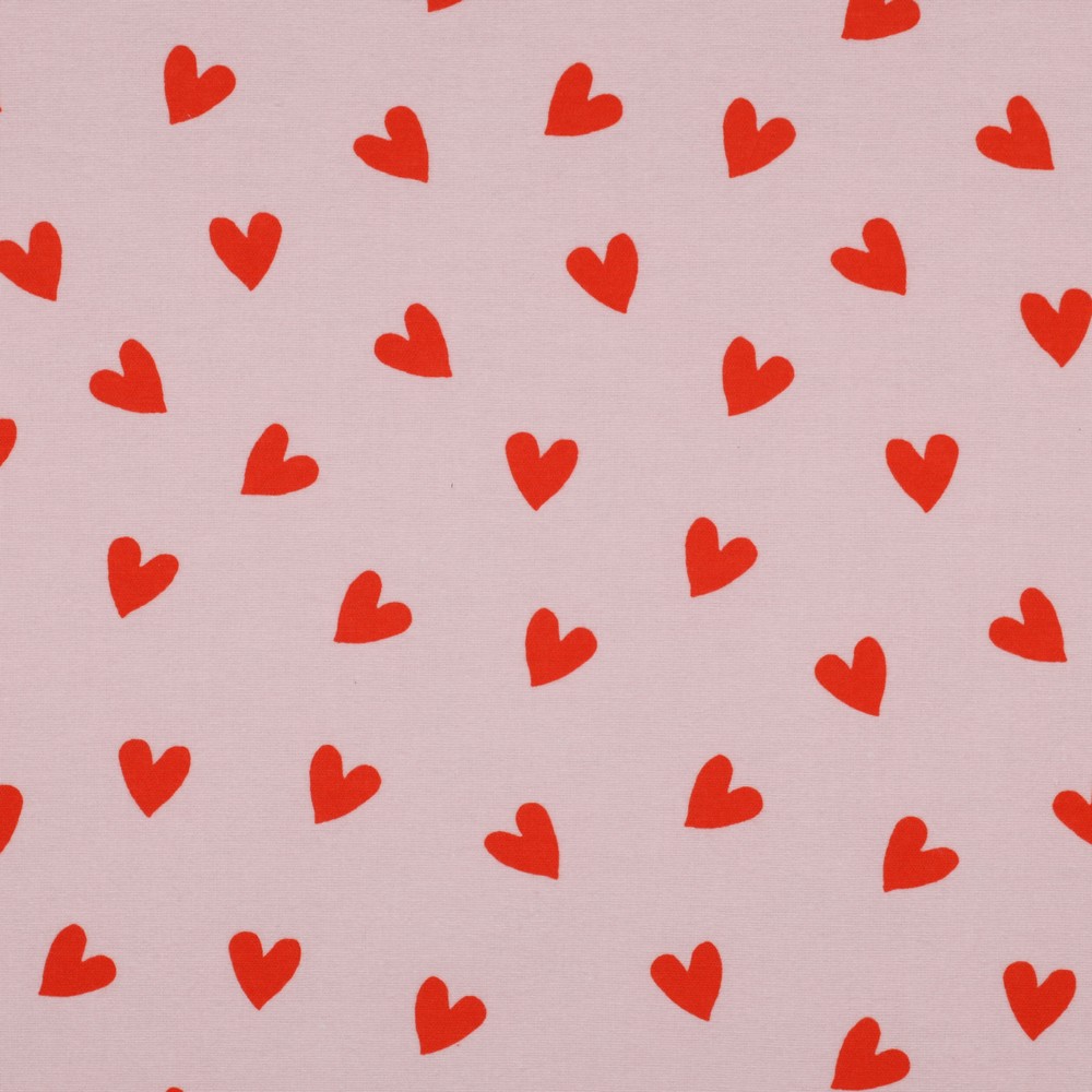 Flanelle Petits Cœurs – Rose poudré & Rouge vif