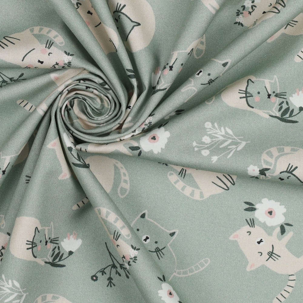 Popeline de coton Chatons rêveurs – Vert sauge – Image 3