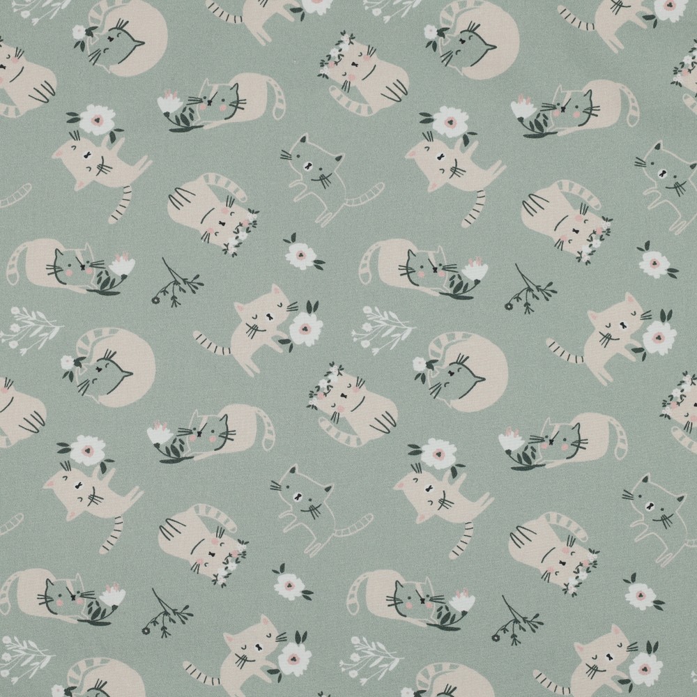 Popeline de coton Chatons rêveurs – Vert sauge – Image 2