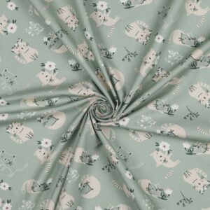 Popeline de coton Chatons rêveurs – Vert sauge