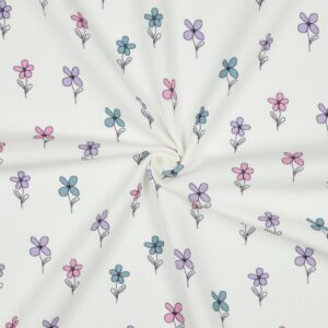 Tissu coton gaufré écru avec petites fleurs pastel roses, lilas et bleues