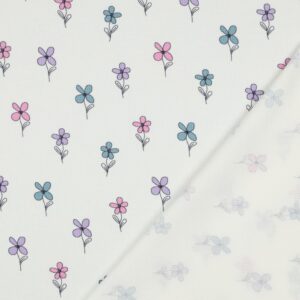 Tissu coton gaufré écru avec petites fleurs pastel roses, lilas et bleues