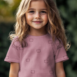 Tissu coton gaufré rose poudré avec petits motifs oursons minimalistes