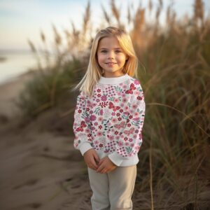 Tissu french terry blanc avec motif de petites fleurs roses, rouges et corail, feuillages verts sauge et papillons décoratifs dans des tons rosés.