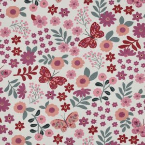 Tissu french terry blanc avec motif de petites fleurs roses, rouges et corail, feuillages verts sauge et papillons décoratifs dans des tons rosés.