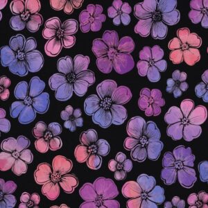 Tissu french terry noir avec grandes fleurs stylisées dans des tons de violet, lilas et rose framboise, motif contrasté et moderne.