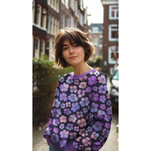 Tissu french terry noir avec grandes fleurs stylisées dans des tons de violet, lilas et rose framboise, motif contrasté et moderne.