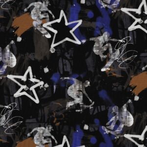 Tissu french terry noir avec motif graffiti incluant silhouettes de skateurs, étoiles blanches et éclaboussures de peinture bleue et brune.