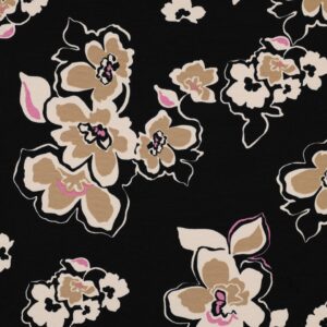 Tissu french terry noir avec grandes fleurs stylisées beige, crème et touches de rose, motif élégant et contrasté.