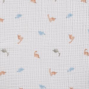 mousseline de coton blanche avec petits dinosaures pastel terracotta bleu et sauge
