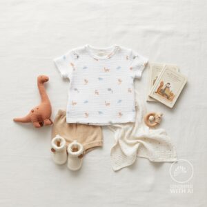 mousseline de coton blanche avec petits dinosaures pastel terracotta bleu et sauge