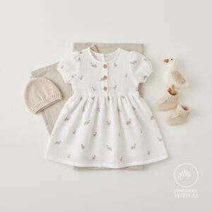mousseline de coton écrue avec petits dinosaures brun sable motif enfant