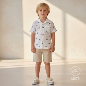 mousseline de coton écrue avec petits tracteurs bruns motif enfant Minifra