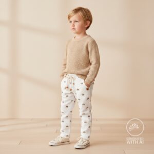 mousseline de coton écrue avec petits tracteurs bruns motif enfant Minifra