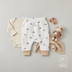mousseline de coton écrue avec petits tracteurs bruns motif enfant Minifra