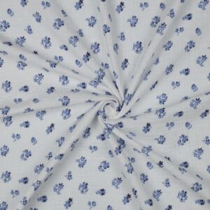 mousseline de coton écrue avec petites fleurs bleu délicat motif floral léger