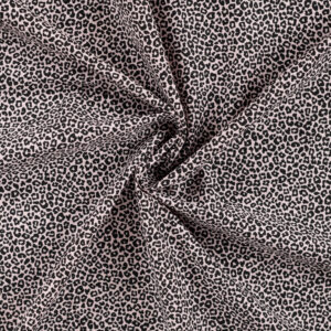 Tissu popeline de coton motif mini léopard noir sur fond rose poudré