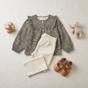 Tissu popeline de coton motif mini léopard noir sur fond kaki sauge